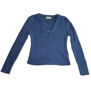 2000s blue ribbed lace up sweater